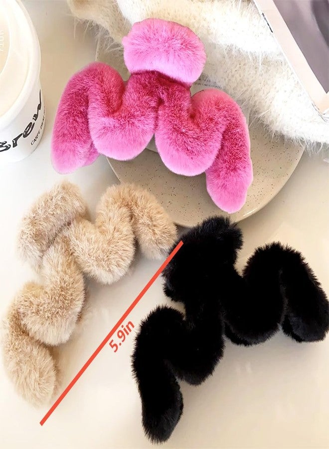 IPEWOEF 3Pcs Fuzzy Large Faux Fur M-Shaped Hair Claws Winter Plush Fluffy Wave Claw Clips - Image 2